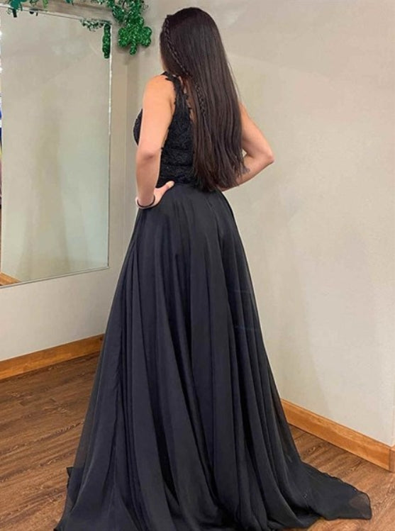 Black A-Line Lace Applique V-Neck Sleeveless Chiffon Prom Dresses