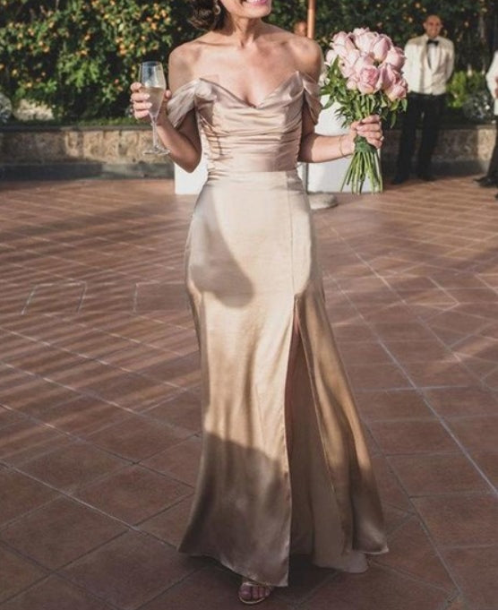 Champagne Sheath/Column Ruched Off-The-Shoulder Bridesmaid Dresses