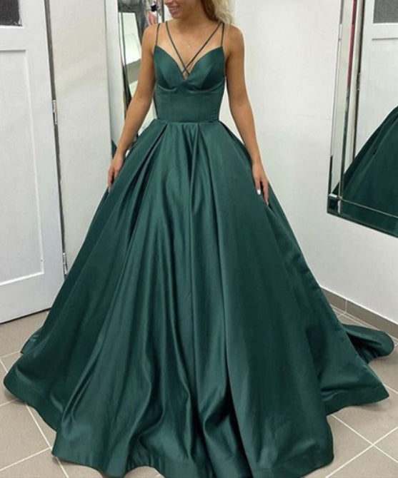 Teal Spaghetti Straps Ball Gown Long Satin V-Neck Prom Dresses