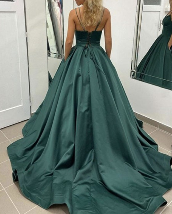 Teal Spaghetti Straps Ball Gown Long Satin V-Neck Prom Dresses