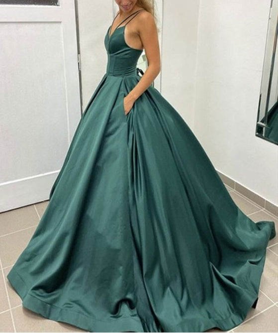Teal Spaghetti Straps Ball Gown Long Satin V-Neck Prom Dresses
