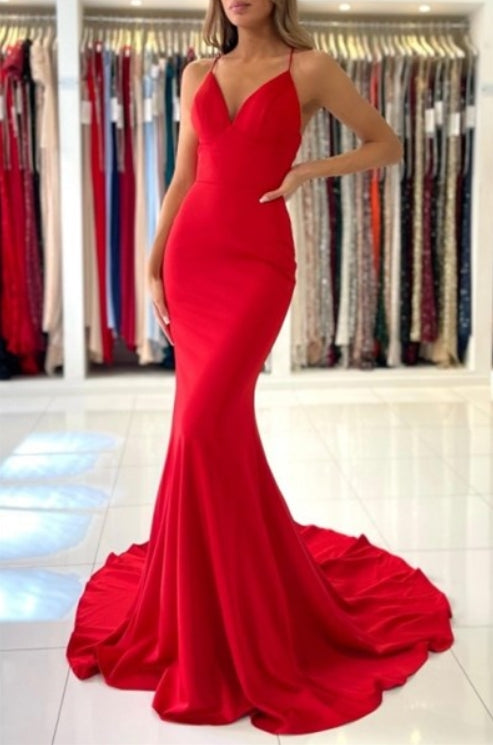 Red Spaghetti Straps Deep V-Neck Long Mermaid Prom Dresses