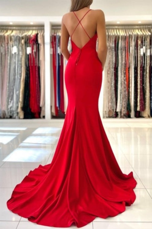 Red Spaghetti Straps Deep V-Neck Long Mermaid Prom Dresses