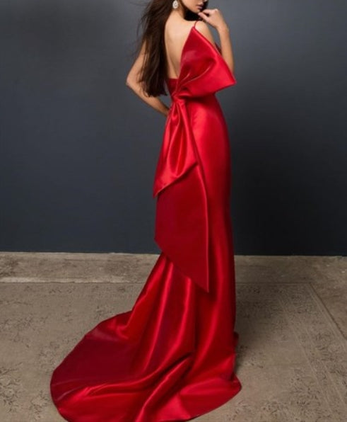 Red V-Neck Spaghetti Straps Mermaid Prom Dresses With Back Bowtie