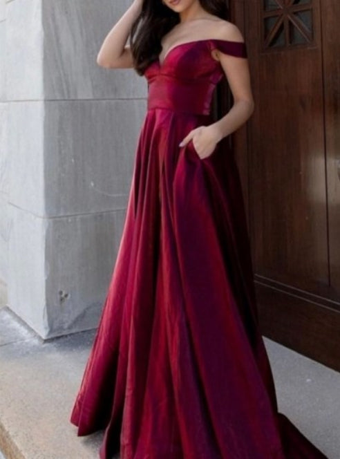 Burgundy A-Line Off The Shoulder Formal Prom Dresses With Pockets