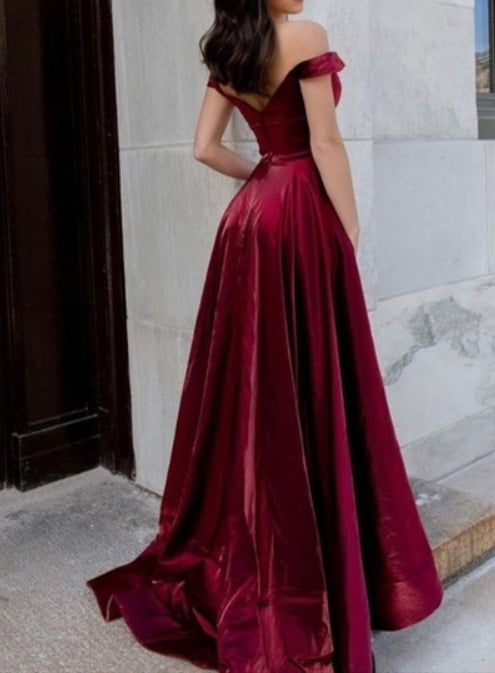 Burgundy A-Line Off The Shoulder Formal Prom Dresses With Pockets
