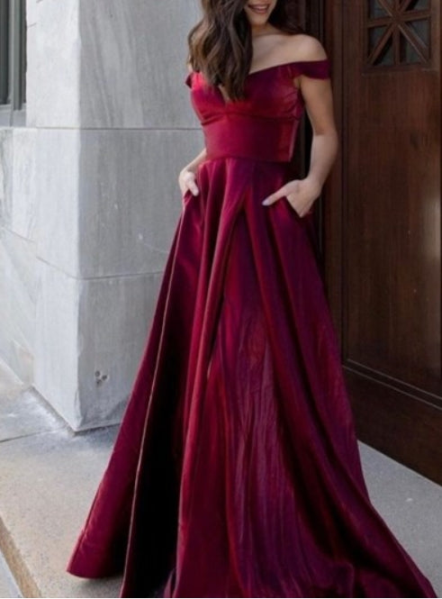 Burgundy A-Line Off The Shoulder Formal Prom Dresses With Pockets