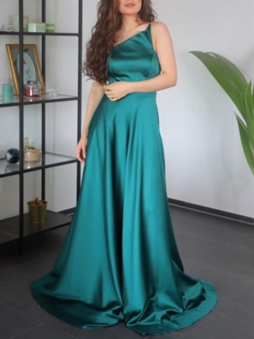 Teal A-Line One Shoulder Asymmetrical Neckline Prom Dresses