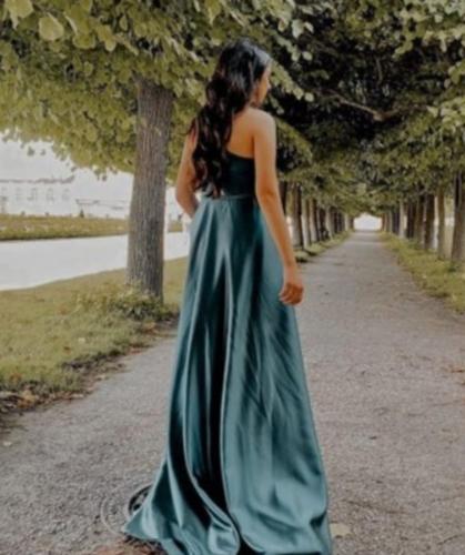Teal A-Line One Shoulder Asymmetrical Neckline Prom Dresses