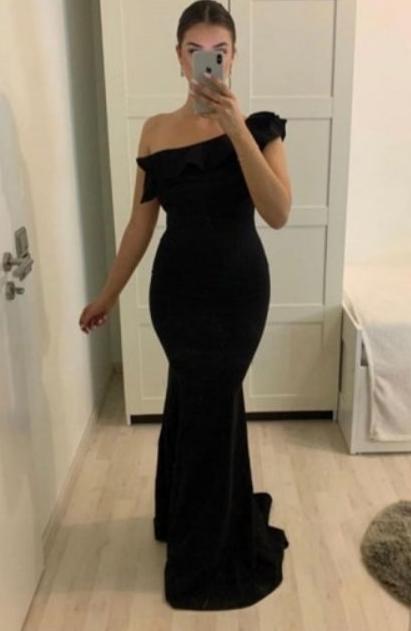 Black Mermaid Ruffle Floor Length One Shoulder Prom Dresses