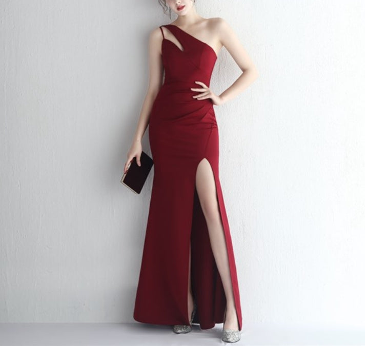 Burgundy One Shoulder Keyhole Long Ruched Split Front Prom Dresses