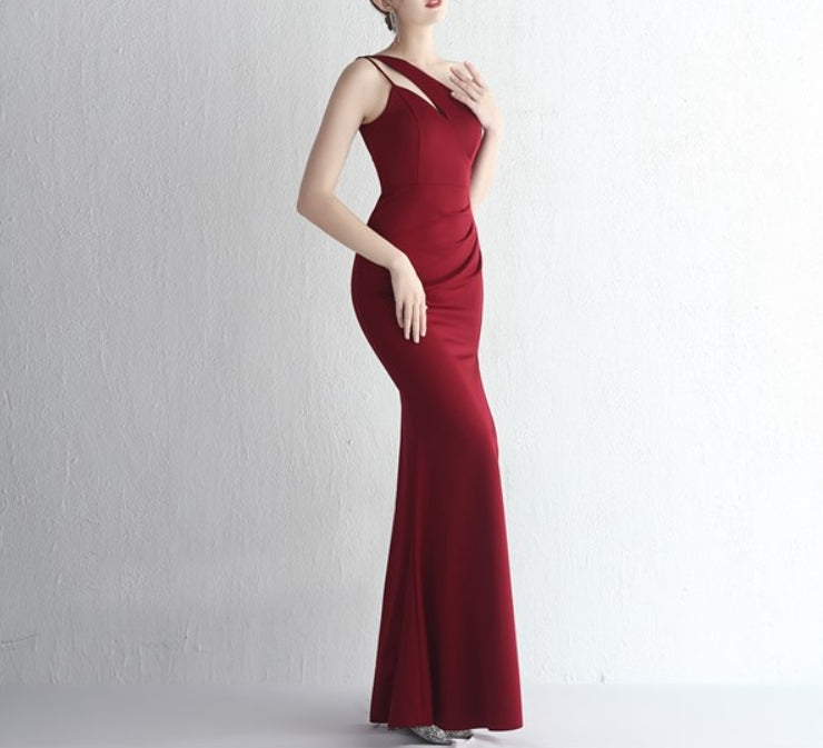 Burgundy One Shoulder Keyhole Long Ruched Split Front Prom Dresses