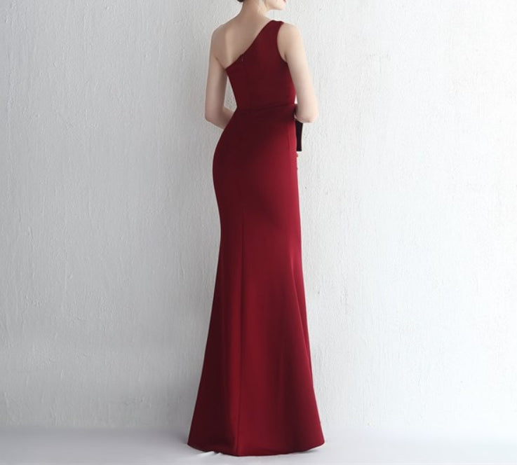 Burgundy One Shoulder Keyhole Long Ruched Split Front Prom Dresses