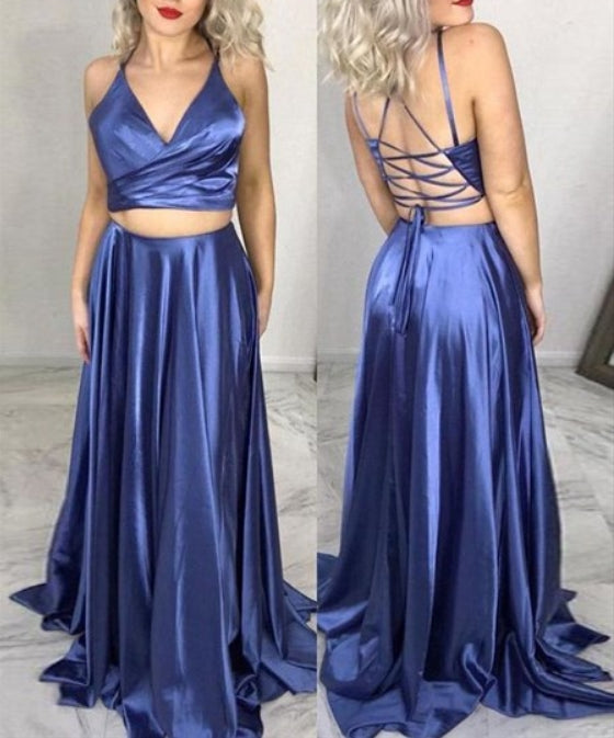 Navy Blue V-Neck Two Piece Prom Dresses With Criss-Cross Straps