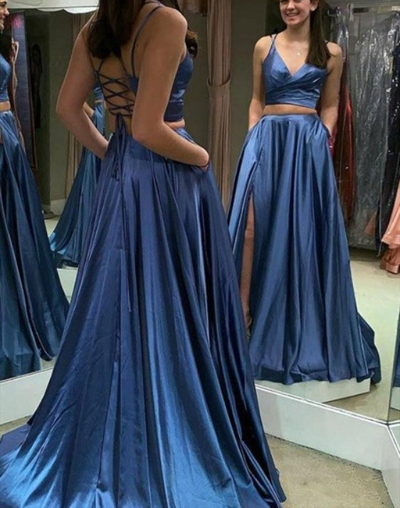 Navy Blue V-Neck Two Piece Prom Dresses With Criss-Cross Straps