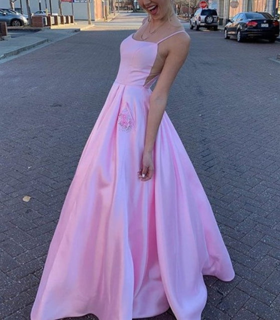 Pink A-Line Spaghetti Straps Long Satin Side Cut Out Prom Dresses