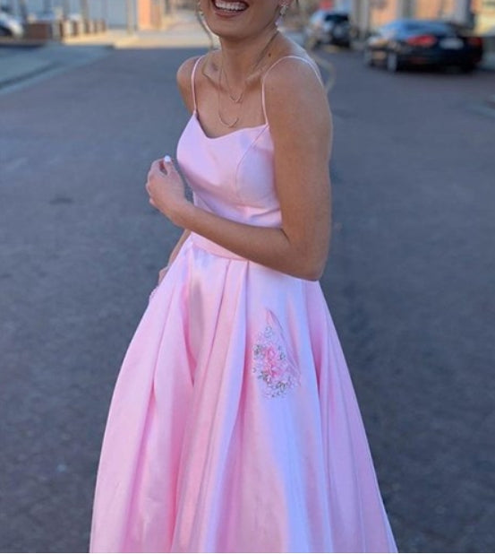 Pink A-Line Spaghetti Straps Long Satin Side Cut Out Prom Dresses