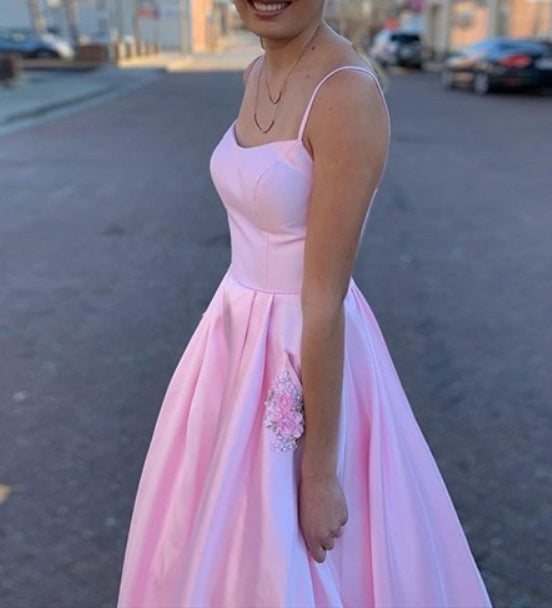 Pink A-Line Spaghetti Straps Long Satin Side Cut Out Prom Dresses