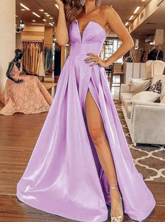 Lavender A-Line/Princess Strapless Ruched Split Front Prom Dresses
