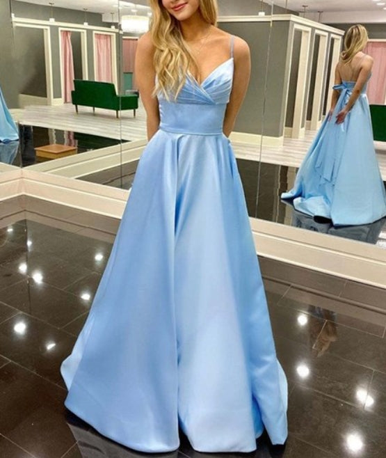 Blue A-Line V-Neck Ruched Bodice Spaghetti Straps Satin Prom Dresses