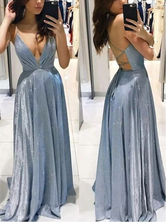 V-Neck Ruched Spaghetti Straps Prom Dresses With Strappy Corset Back