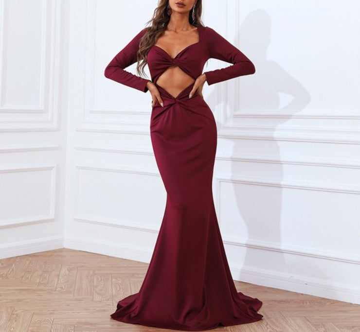 Burgundy Mermaid Twist Front Cut Out Long Sleeves Formal Dresses