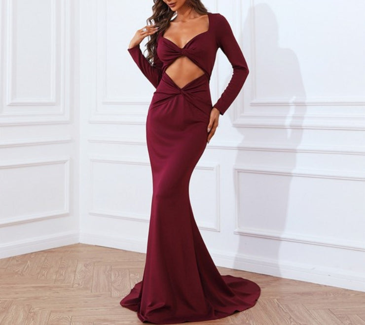 Burgundy Mermaid Twist Front Cut Out Long Sleeves Formal Dresses