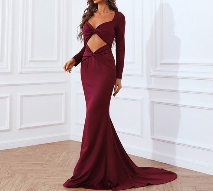 Burgundy Mermaid Twist Front Cut Out Long Sleeves Formal Dresses
