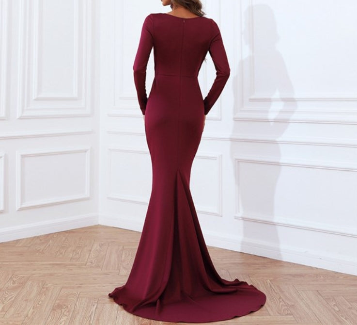 Burgundy Mermaid Twist Front Cut Out Long Sleeves Formal Dresses