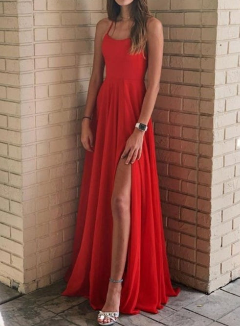 Red Chiffon Backless Split Long Prom Dresses With Criss-Cross Straps