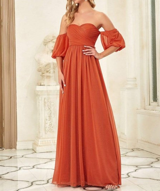Orange Red A-Line Off The Shoulder Puffed Sleeve Ruched Prom Dress
