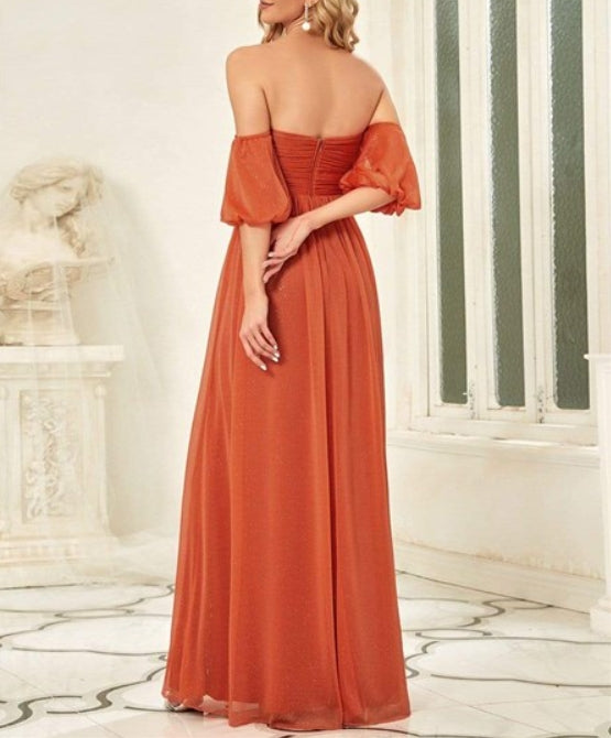 Orange Red A-Line Off The Shoulder Puffed Sleeve Ruched Prom Dress