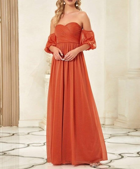Orange Red A-Line Off The Shoulder Puffed Sleeve Ruched Prom Dress