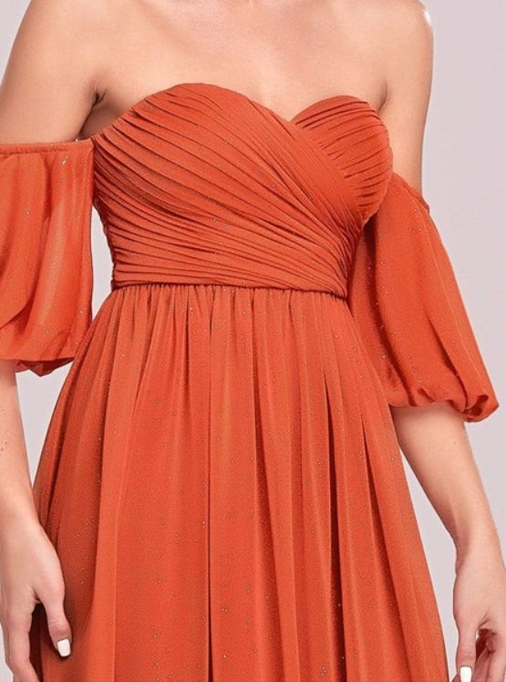 Orange Red A-Line Off The Shoulder Puffed Sleeve Ruched Prom Dress
