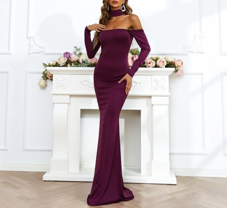 Eggplant Purple Off The Shoulder Prom Dresses With Long Sleeves