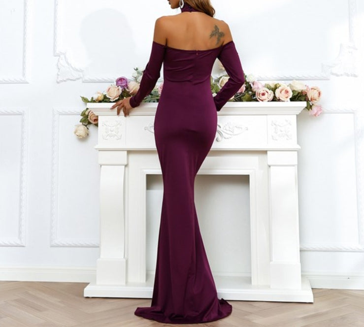 Eggplant Purple Off The Shoulder Prom Dresses With Long Sleeves