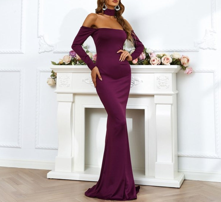 Eggplant Purple Off The Shoulder Prom Dresses With Long Sleeves