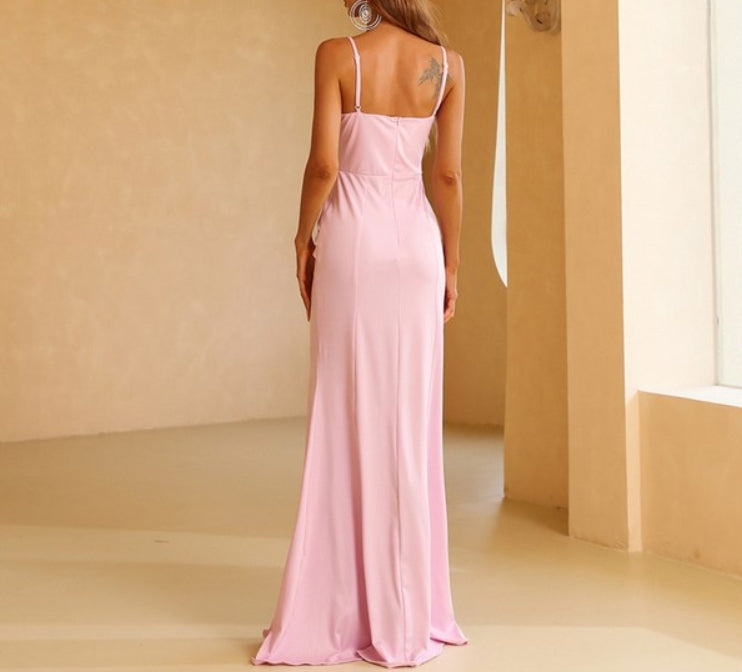 Pink Sheath Long V-Neck Spaghetti Straps Split Front Prom Dresses