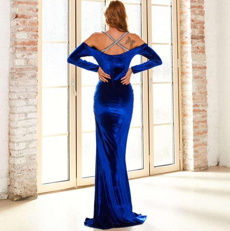 Royal Blue Long Off The Shoulder Mermaid Split Front Prom Dresses