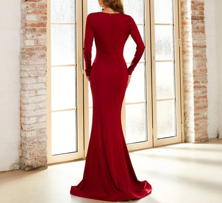 Burgundy Mermaid V-Neck Split Front Long Sleeves Prom Dresses