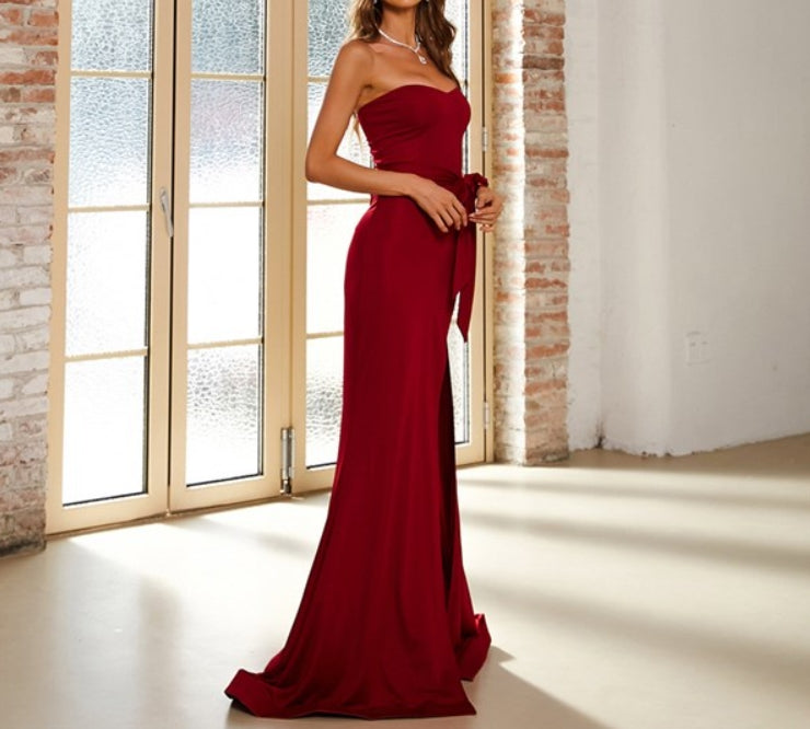 Burgundy Long Strapless Mermaid Prom Dress With Slits Up The Side