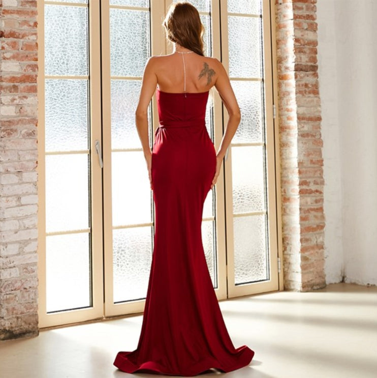 Burgundy Long Strapless Mermaid Prom Dress With Slits Up The Side