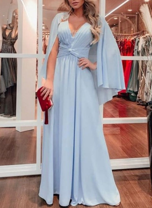 Sky Blue Chiffon Pleated Bodice V-Neck Floor Length Prom Dresses