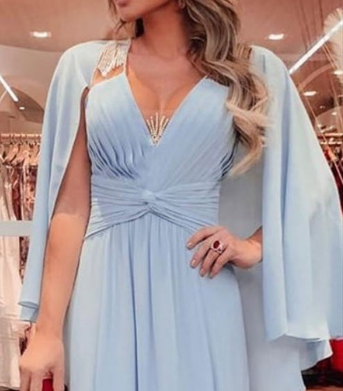 Sky Blue Chiffon Pleated Bodice V-Neck Floor Length Prom Dresses