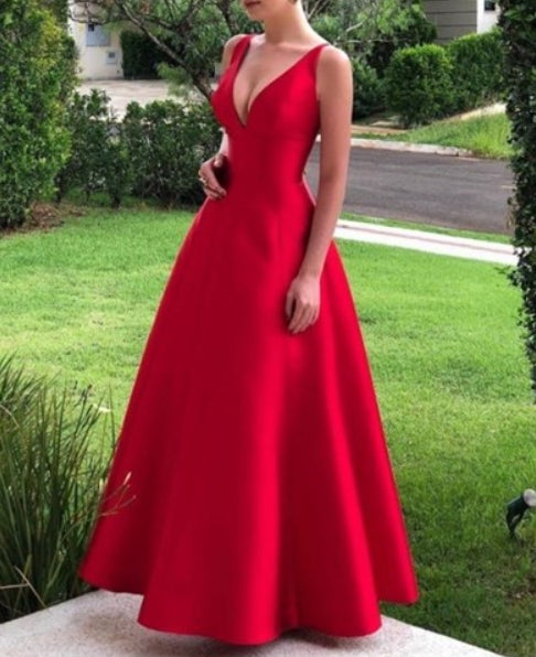 Red Deep V-Neck Sleeveless Long Satin Backless Prom Dresses