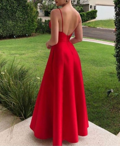 Red Deep V-Neck Sleeveless Long Satin Backless Prom Dresses