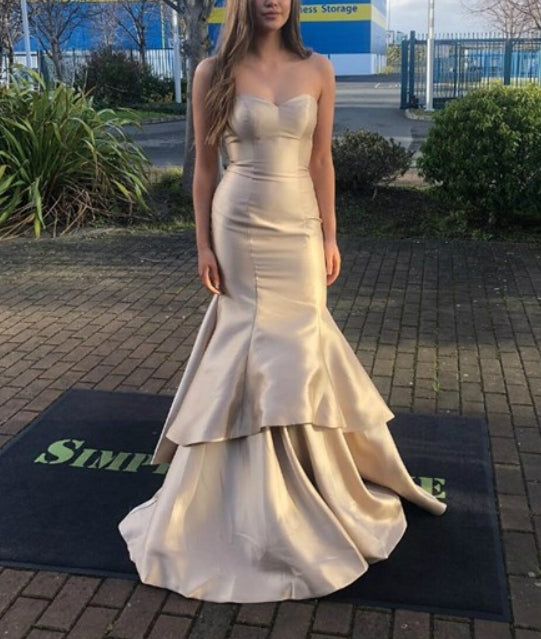 Champagne Mermaid Satin Sweetheart Long Layered Prom Dress
