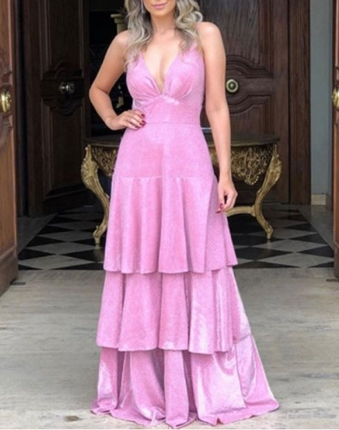 Pink A-Line V-Neck Spaghetti Straps Layered Ruffle Long Prom Dresses