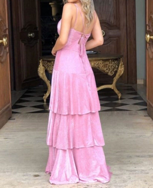 Pink A-Line V-Neck Spaghetti Straps Layered Ruffle Long Prom Dresses