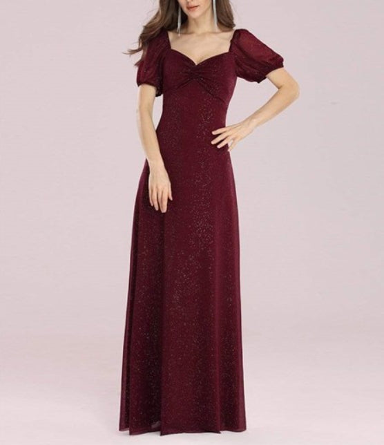 Burgundy Sweetheart Pleated Short Sleeves Prom Dress